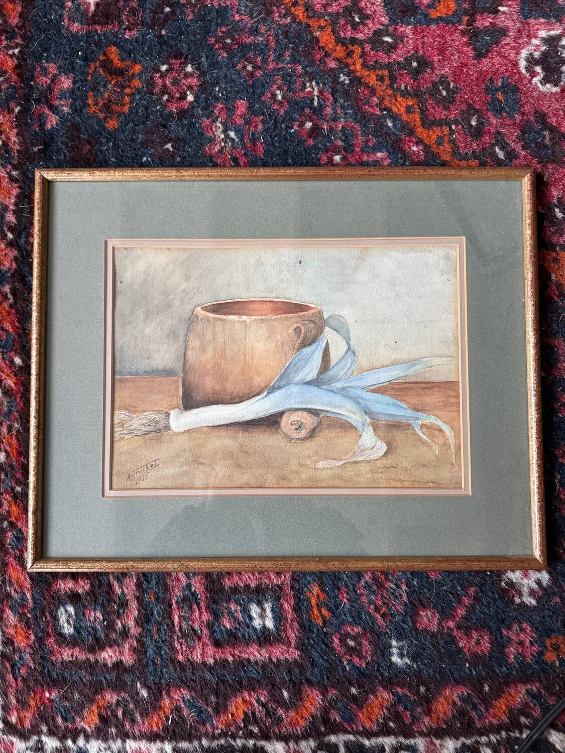 Antique watercolor still life of a leek