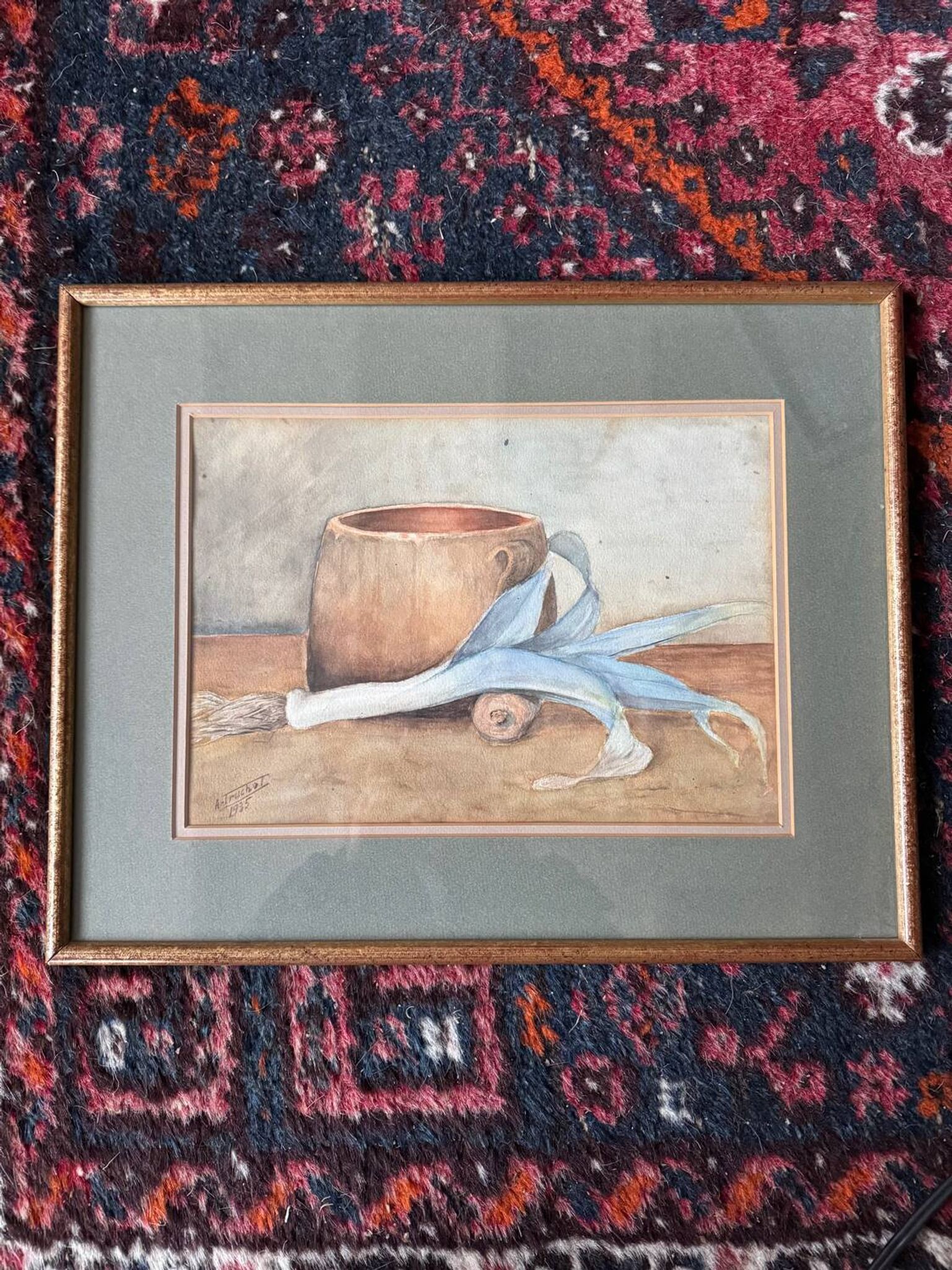 Aquarelle nature morte poireau ancienne 