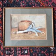 Aquarelle nature morte poireau ancienne 
