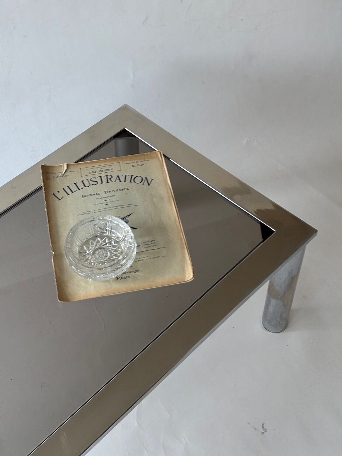 Chrome metal and smoked glass coffee table, 1970.