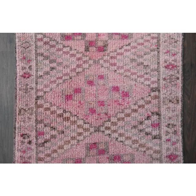 Vintage Turkish Oushak handmade wool cotton pink runner rug 82x346