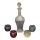 Liqueur carafe, or aperitif, carved with floral decoration in transparent glass and 4 polka dot glasses