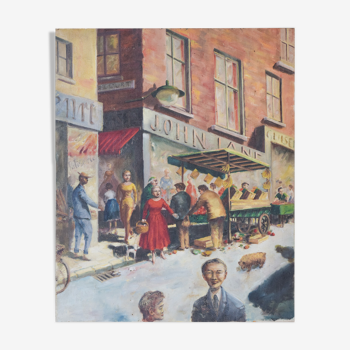 'market day' - scène de rue britannique - huile sur toile