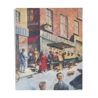 'market day' - scène de rue britannique - huile sur toile