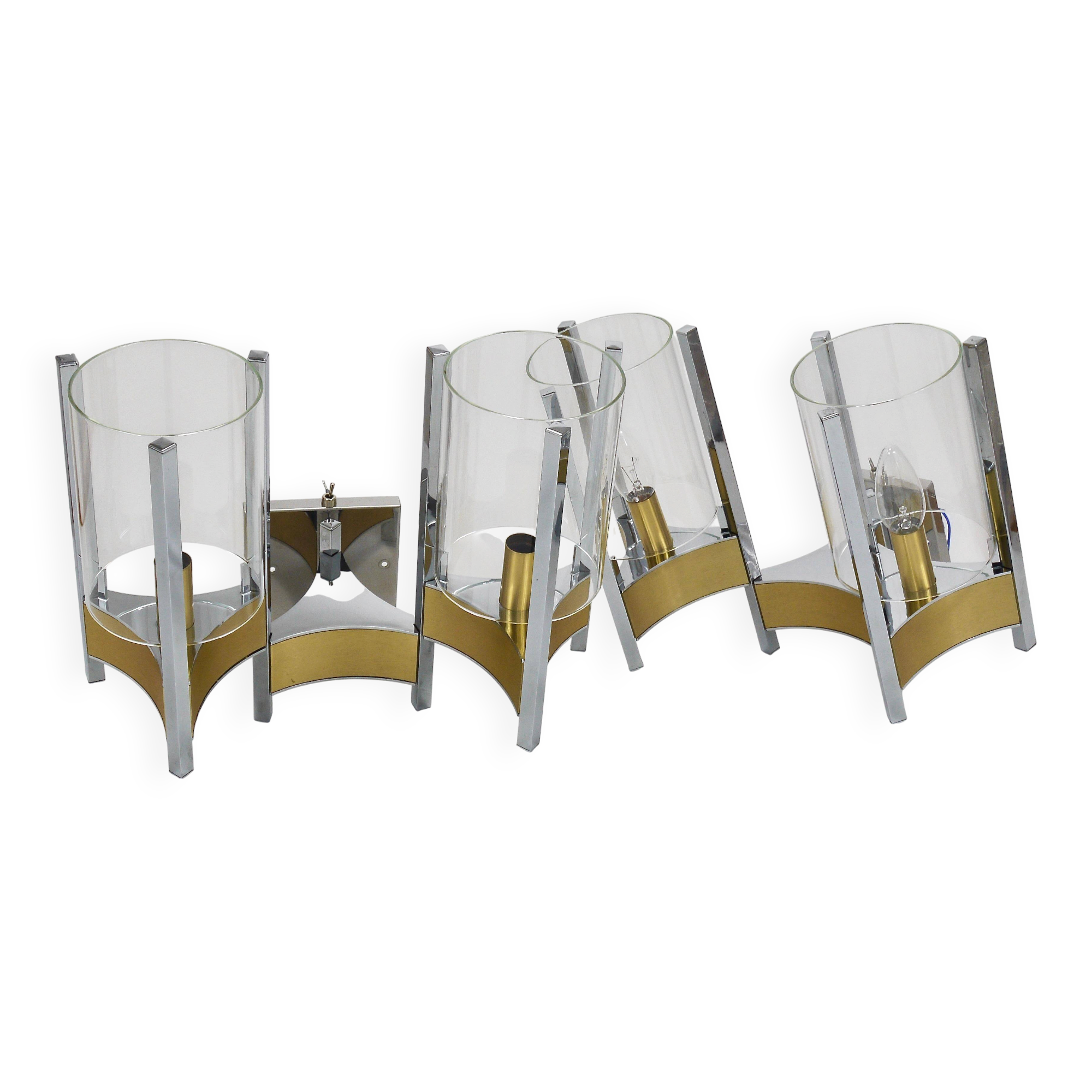 Gaetano Sciolari Large Wall Sconces / Sconces, Chrome, Brass, Glass, 1970s
