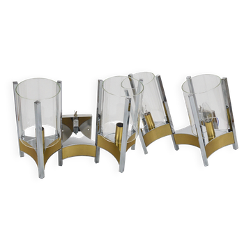 Gaetano Sciolari Paire Grande Appliques Murales / Appliques, Chrome, Laiton, Verre, Années 1970