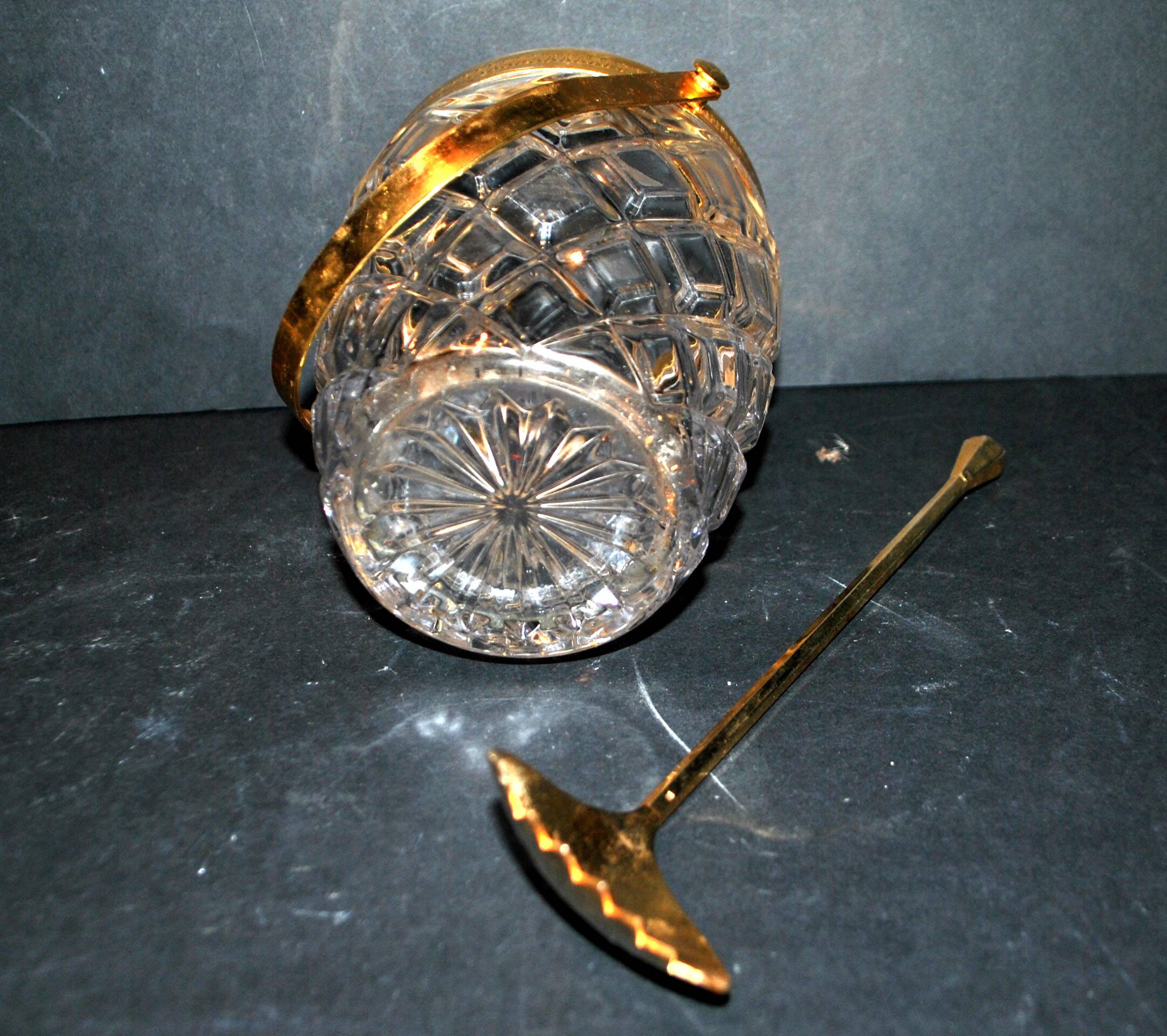 Vintage crystal ice bucket and gold frame "cristal ga" and cocktail ice cube spoon