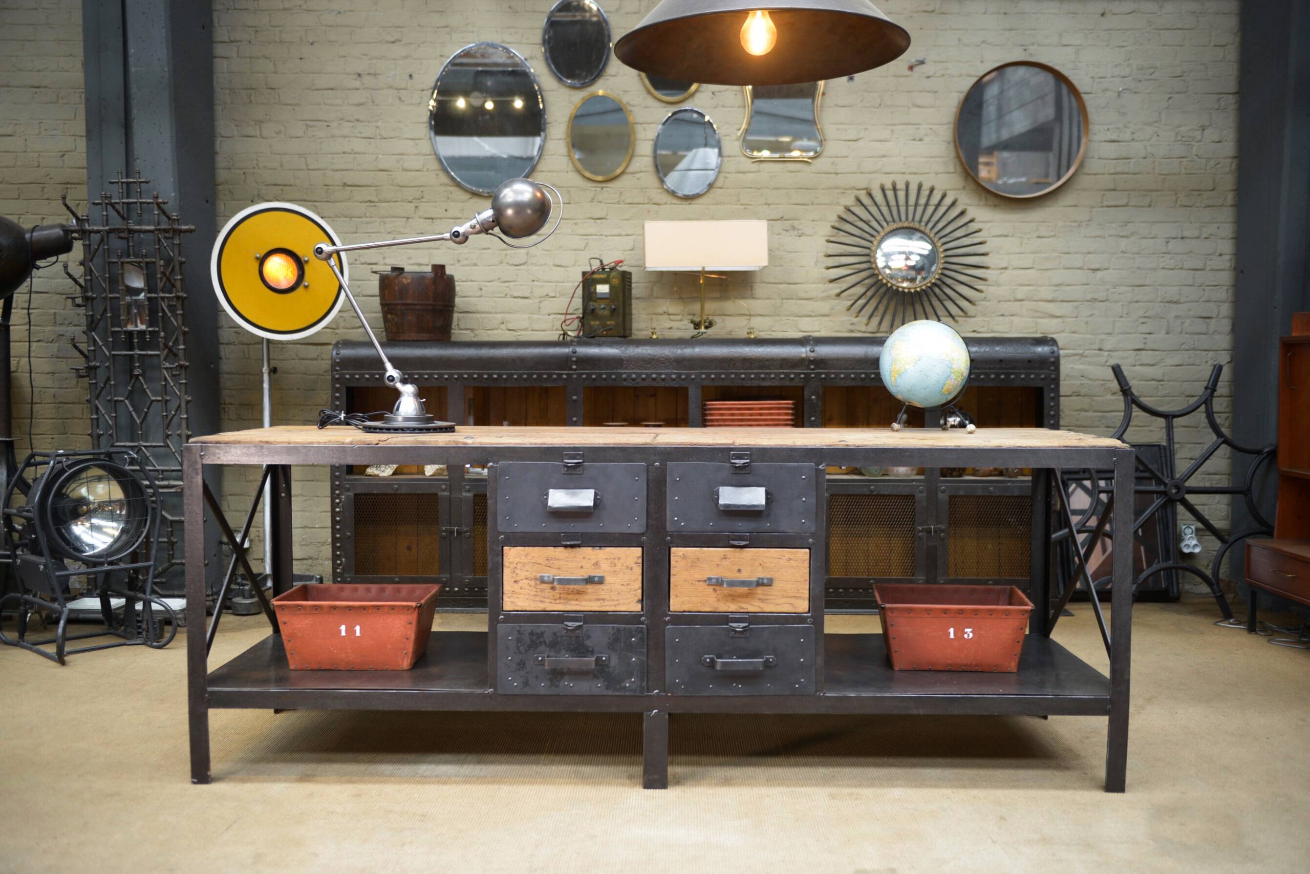 Industrial sideboard from metal and wood factory 1950