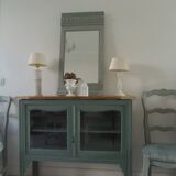 Console, sideboard, shallow display case sublimated in smoky green, wooden top.