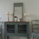 Console, buffet, vitrine peu profond sublimé en vert fumé, plateau bois.