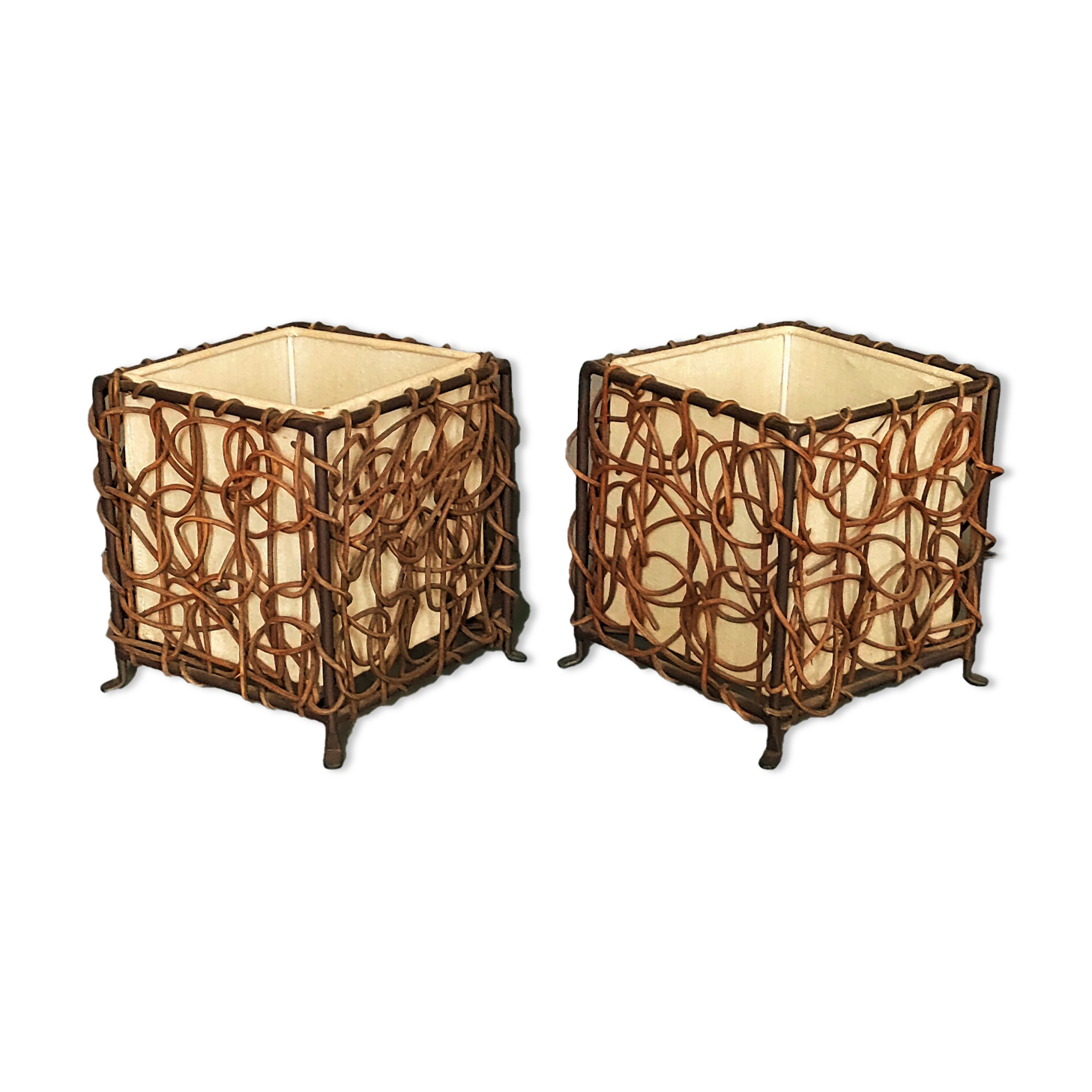 Pair of ethnic table lamps - braided water hyacinth roots, wrought iron, cotton