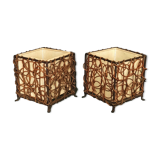 Pair of ethnic table lamps - braided water hyacinth roots, wrought iron, cotton
