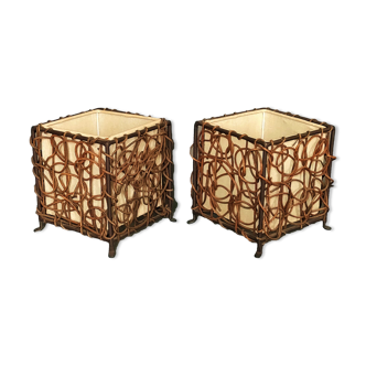Pair of ethnic table lamps - braided water hyacinth roots, wrought iron, cotton