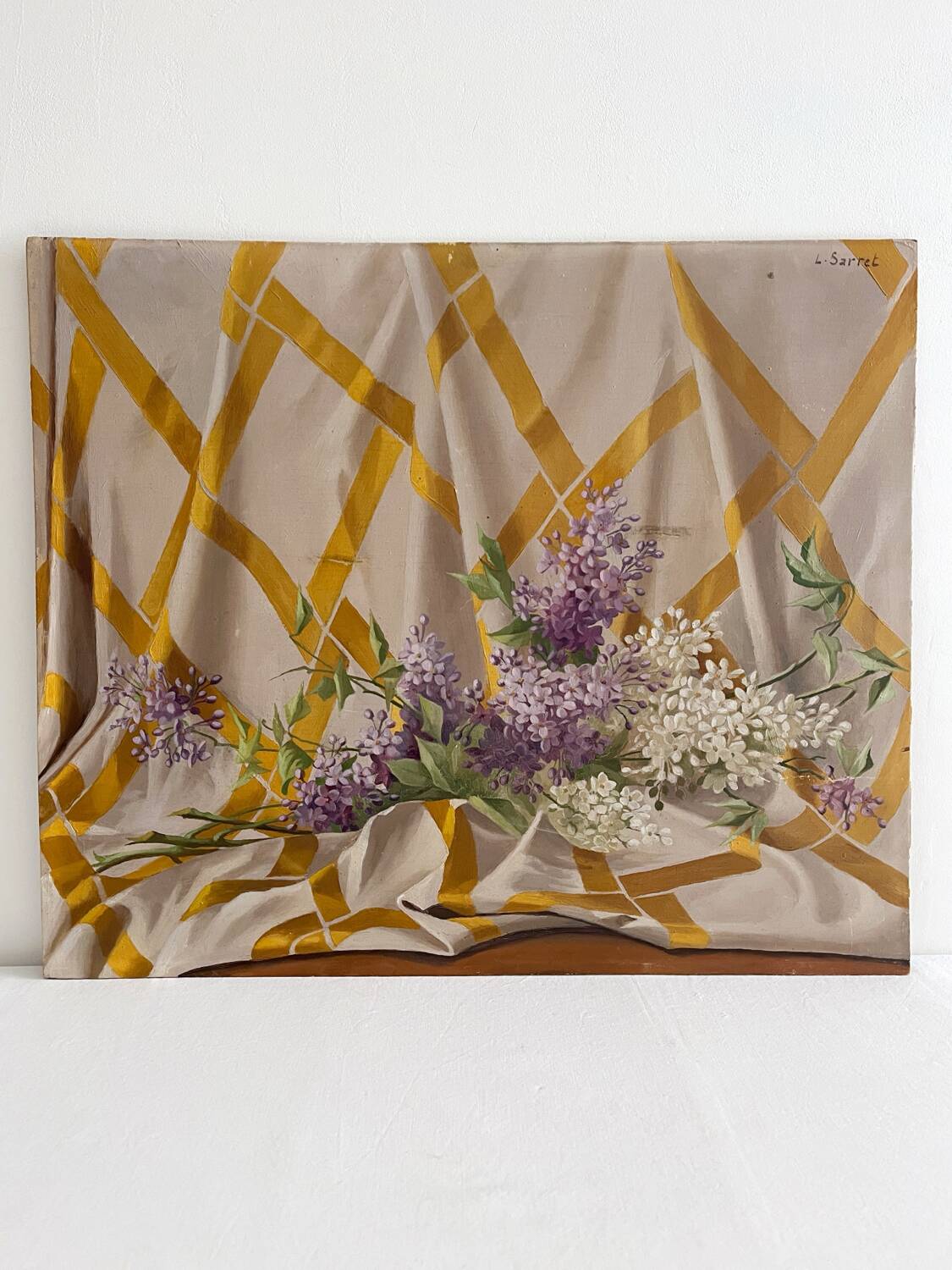 Old painting, oil on wood, lilac flowers on drapery by Sarret.