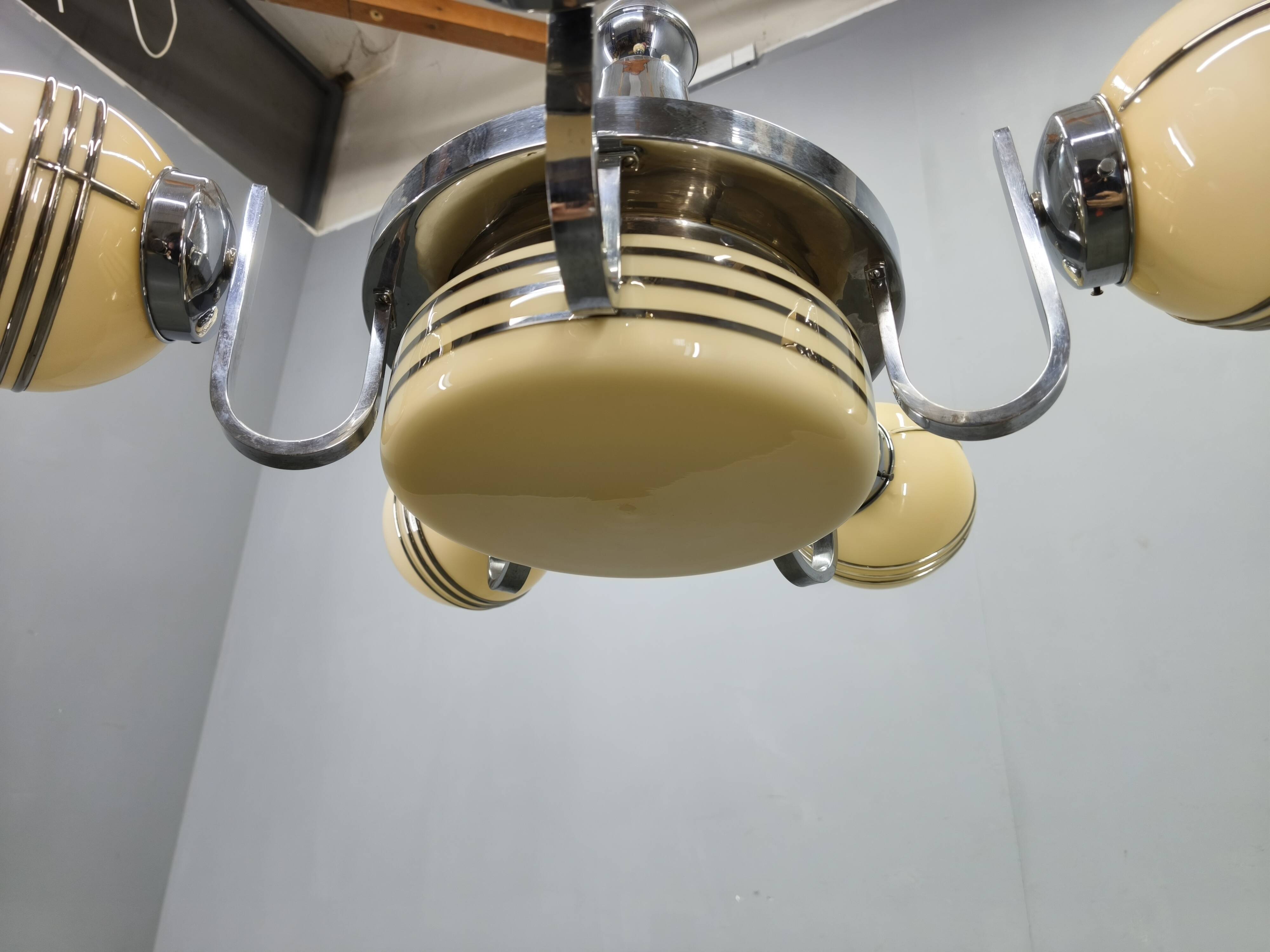 Art Deco Chrome and Glass Chandelier, 5 Globes, 1930s