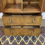 1950s English sideboard with drawers, Art Deco style, in walnut burl.