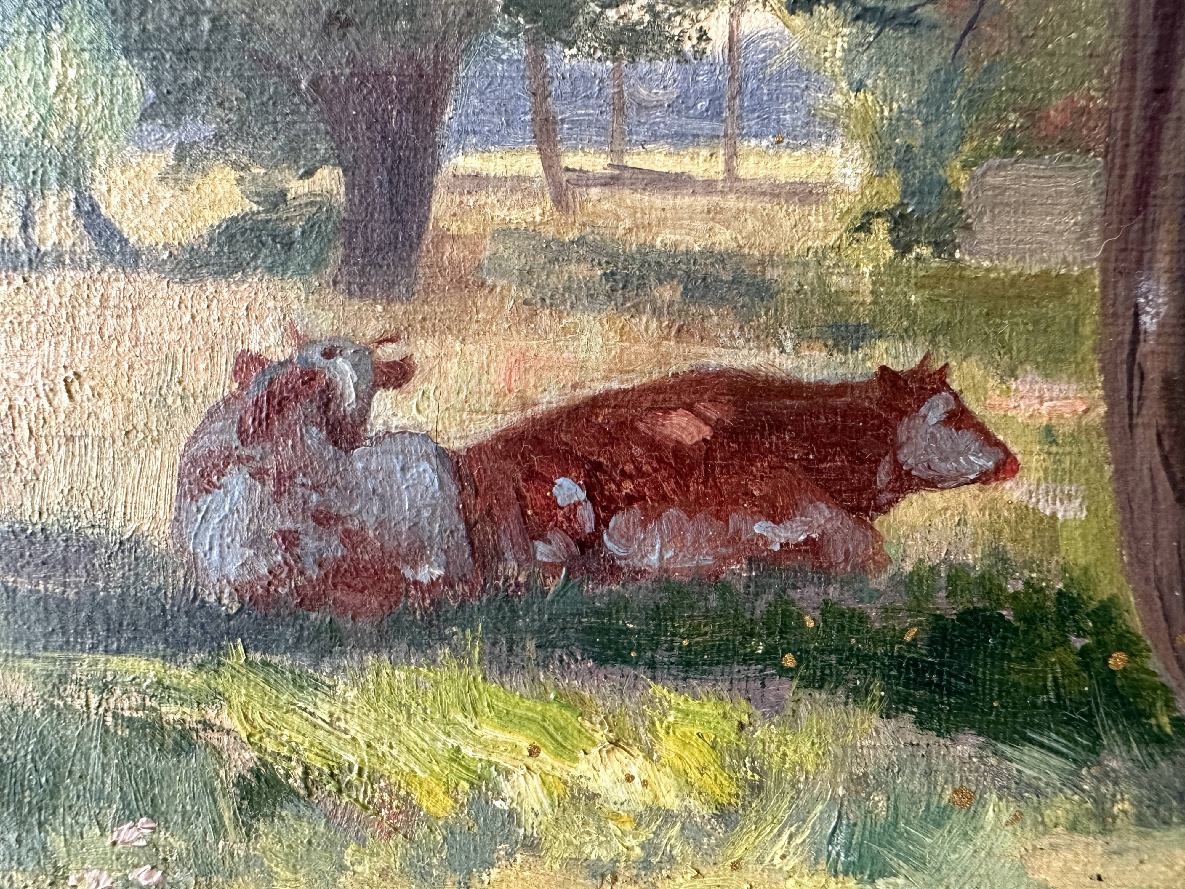 Oil on canvas of a Norman landscape with cows circa 1900.
