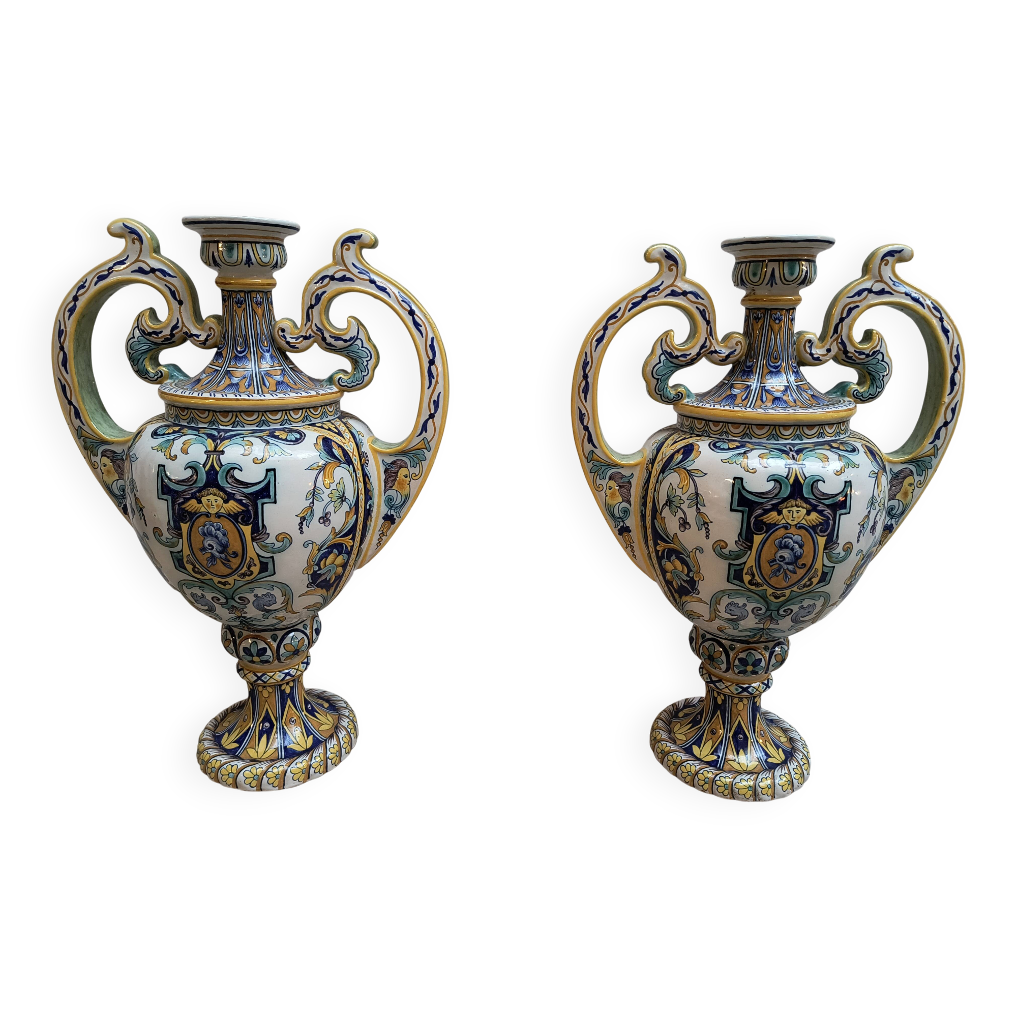 2 vases with double handles - faience from Desvres 1900
