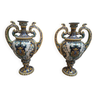 2 vases with double handles - faience from Desvres 1900