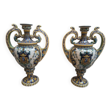 2 vases with double handles - faience from Desvres 1900
