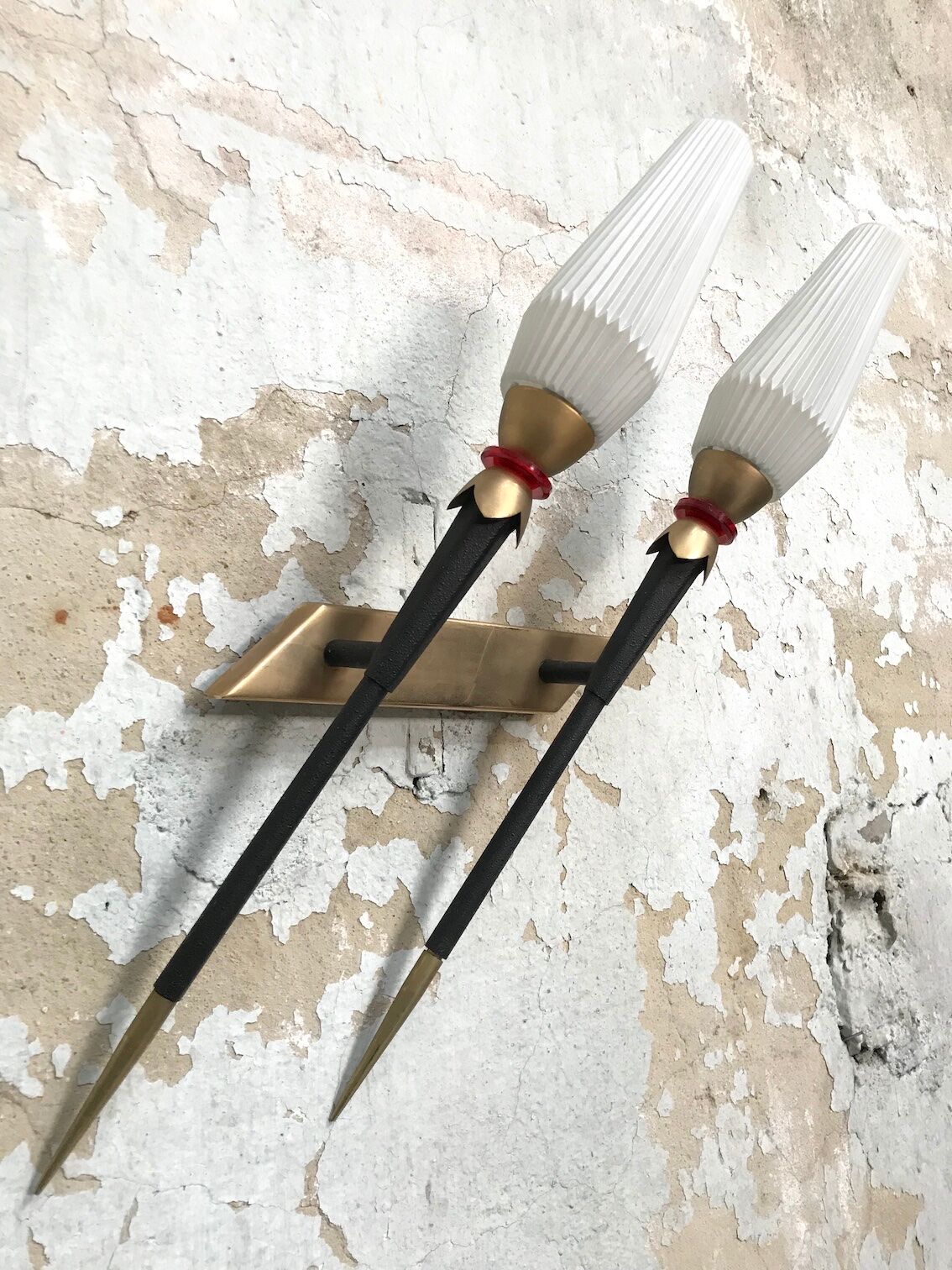 Pair of vintage metal and brass sconces