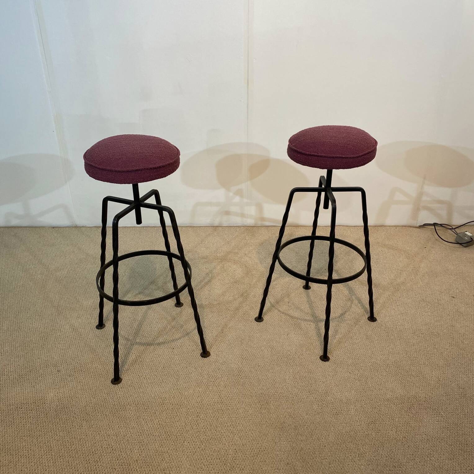 Pair Maroon Boucle Iron Swivel Bar Stools Midcentury Italian Vintage 1950s