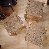 Set of three brutalist wooden stools, rope seat