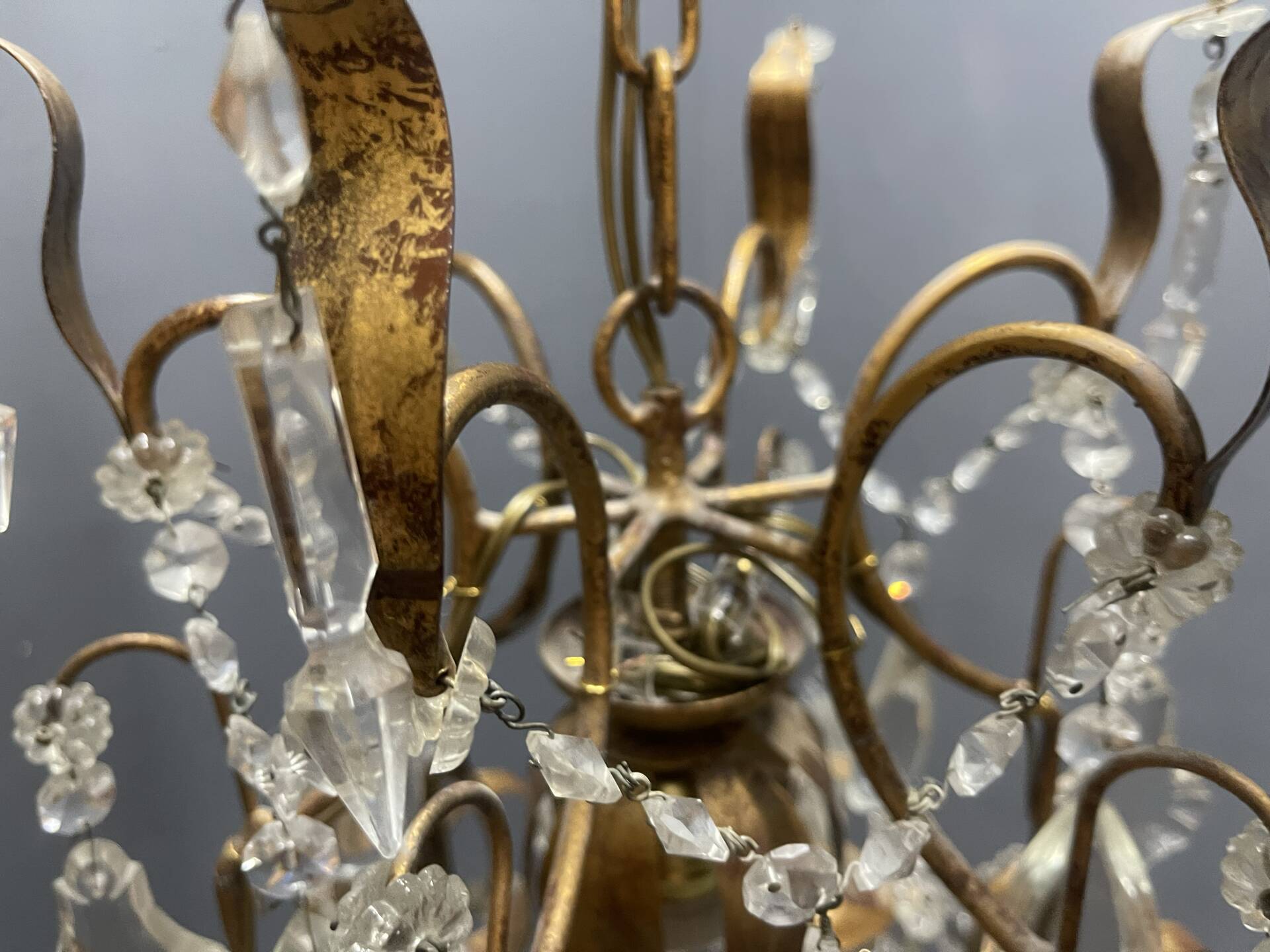 Large Gilded Florentine Tole and Crystal Chandelier, 1950s