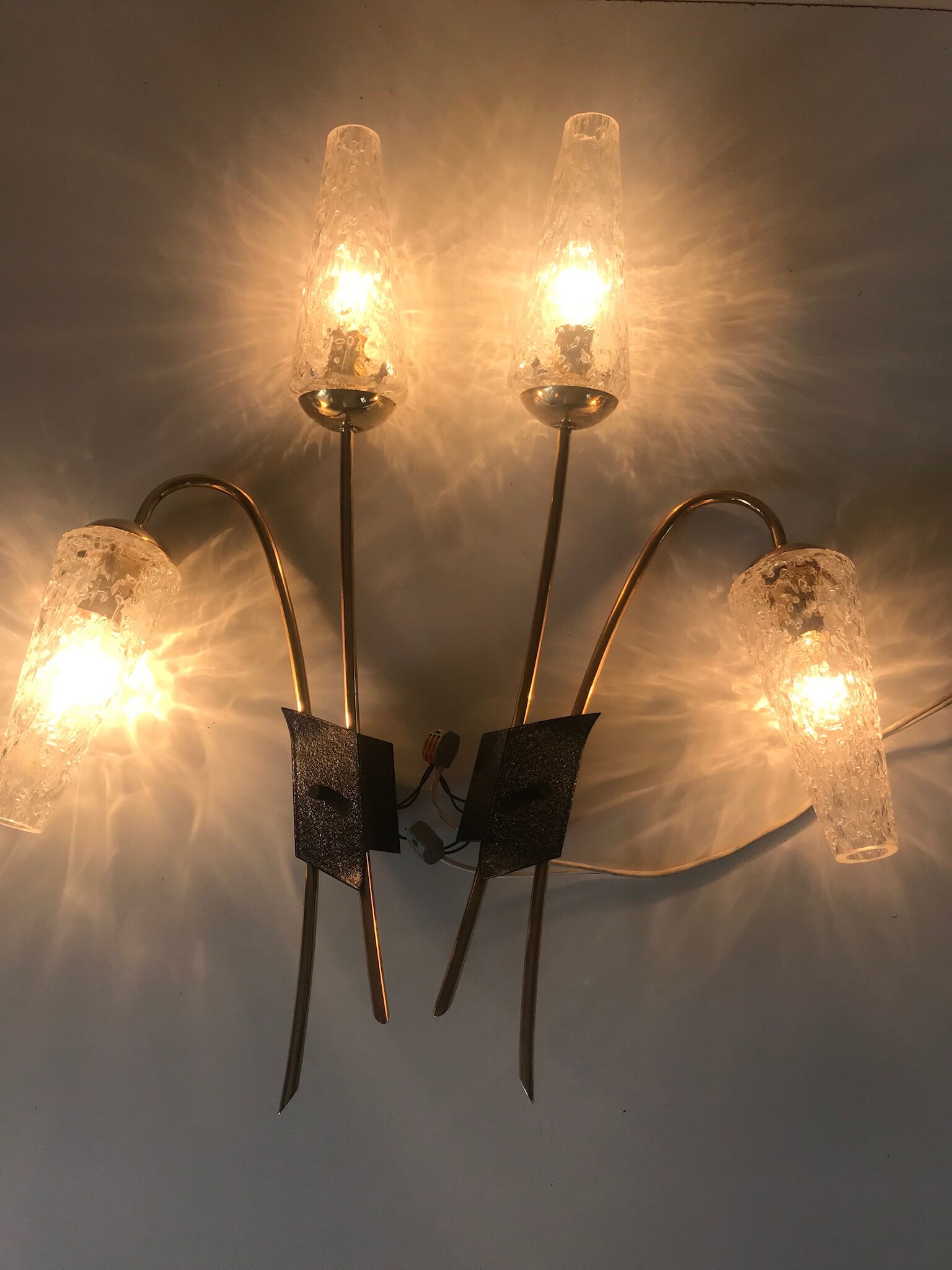 Pair of vintage brass double wall light design 60 years
