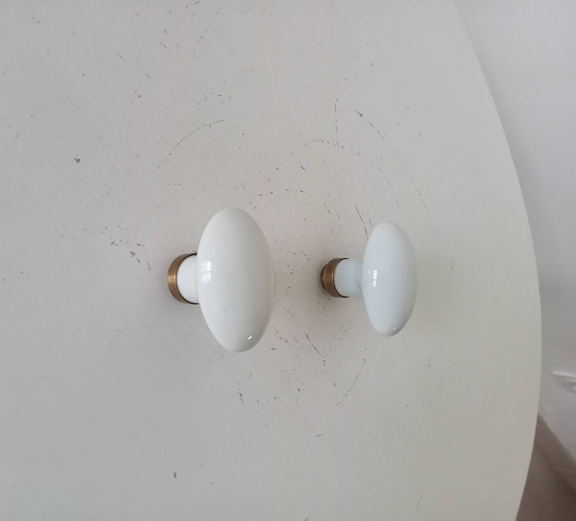 Pair of vintage door handles in porcelain and brass.