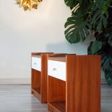 Pair of bedside tables, mahogany, white laminate and brass, 1970
