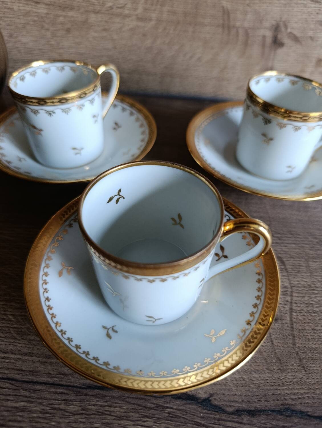 3 litre cups and saucers Empire gilded porcelain, Limoges 1950