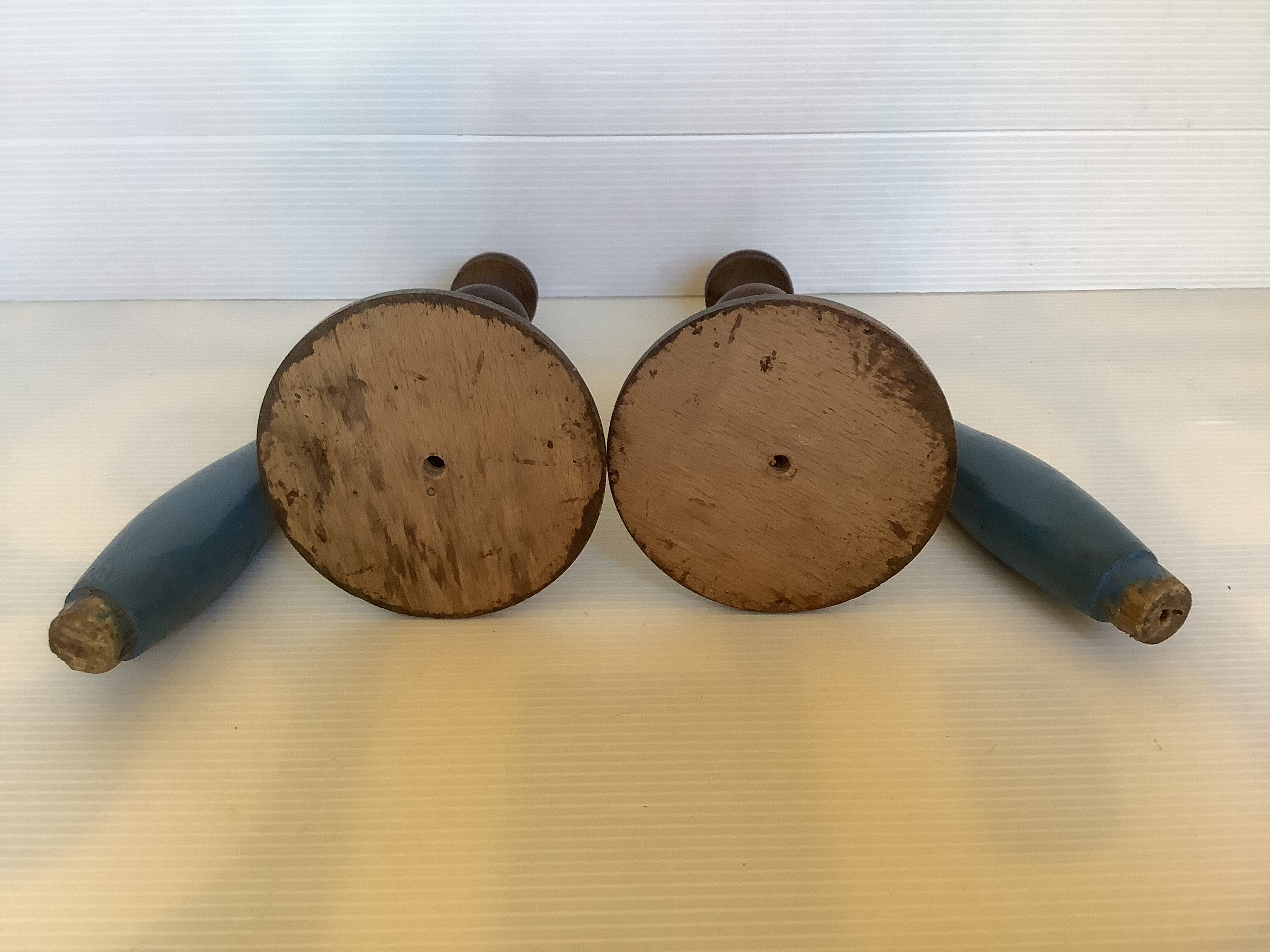 Pair of old candlesticks wood candles dummy blue wood