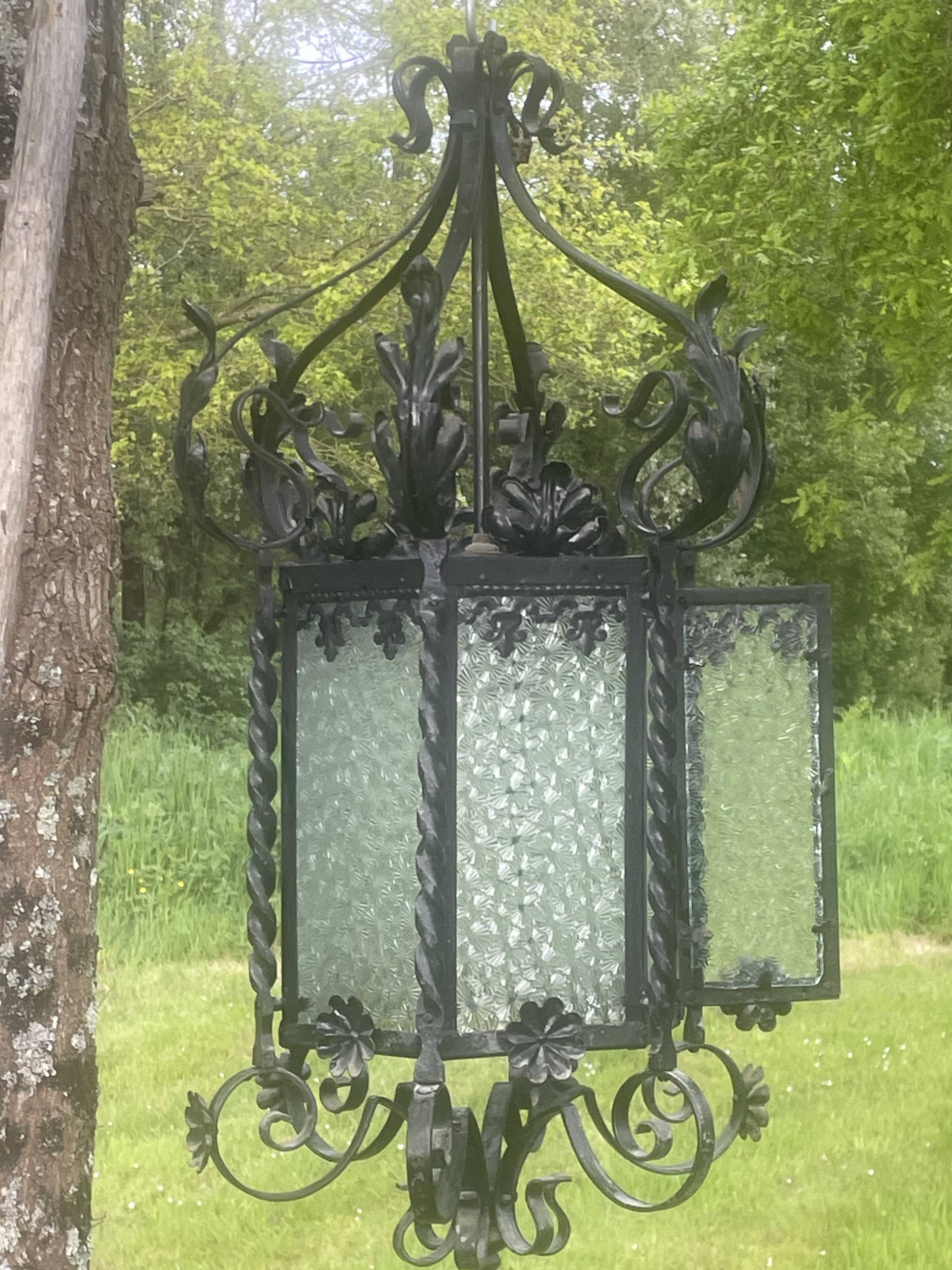 Vestibule lantern, hall, wrought iron entrance & cathedral glass, 80 cm pendant light