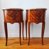 Pair of Louis XV style bedside tables with marquetry and marble.