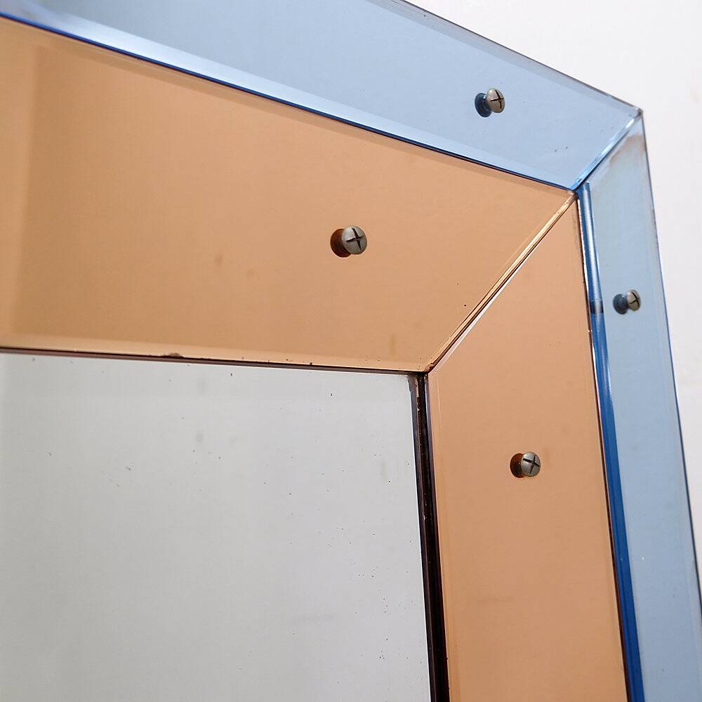 Bevelled wall mirror with blue and copper mirror panels - Italy 1930s