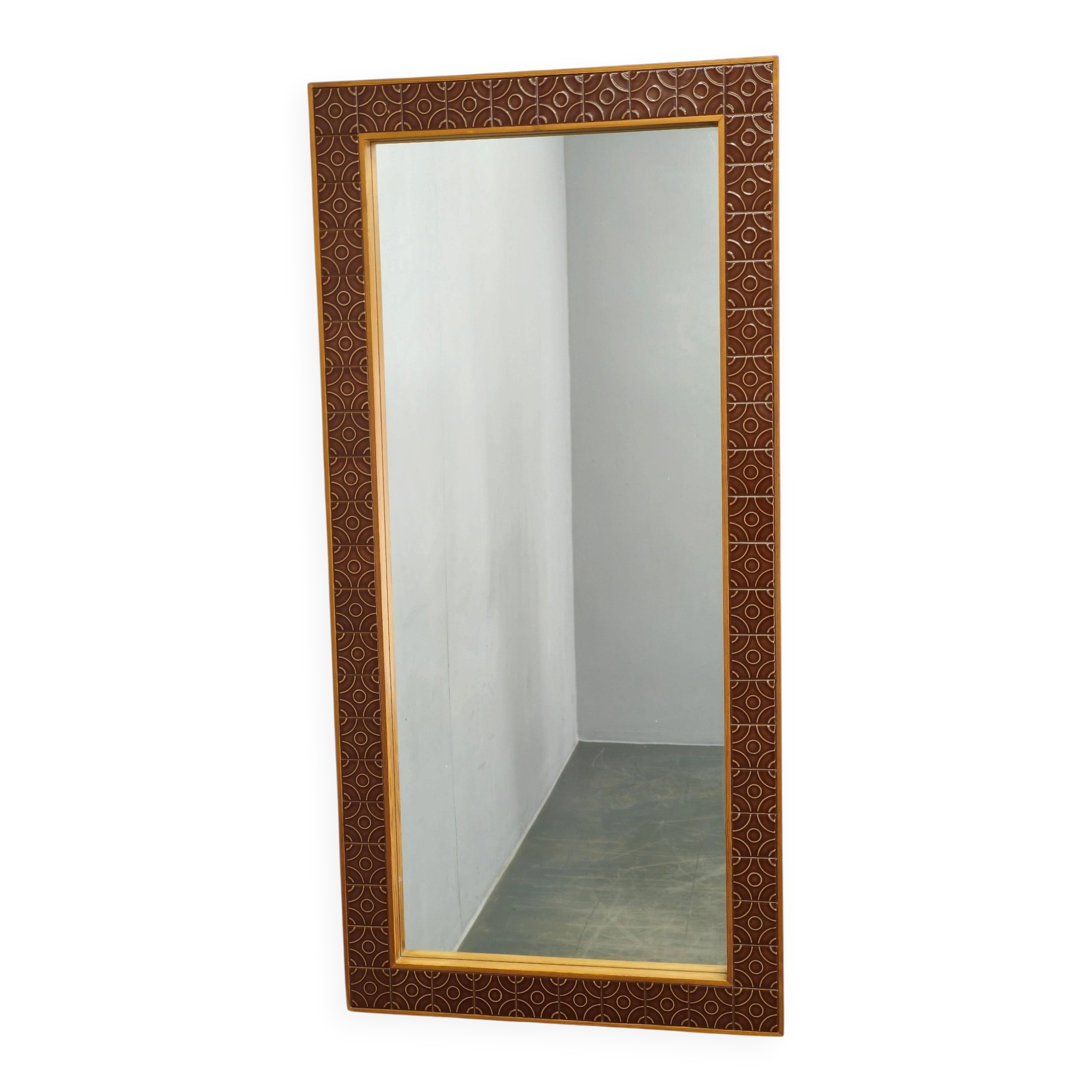 Danish Pine and Ceramic Tile Wall Mirror, 1960s