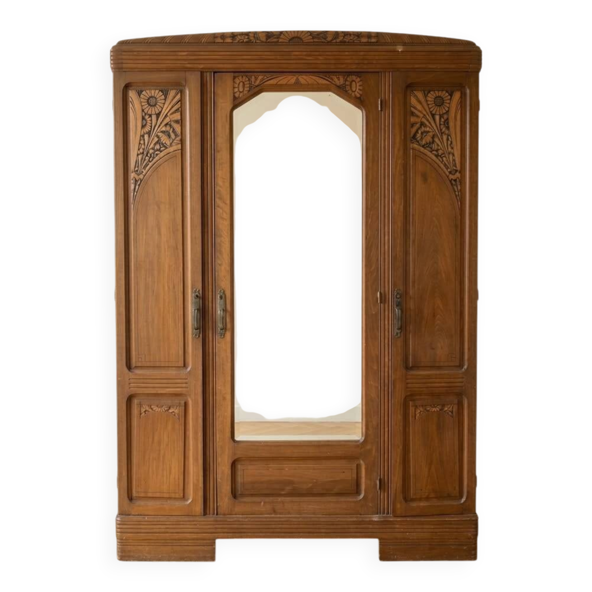 Antique 3-door Art Deco wardrobe in wood with mirror