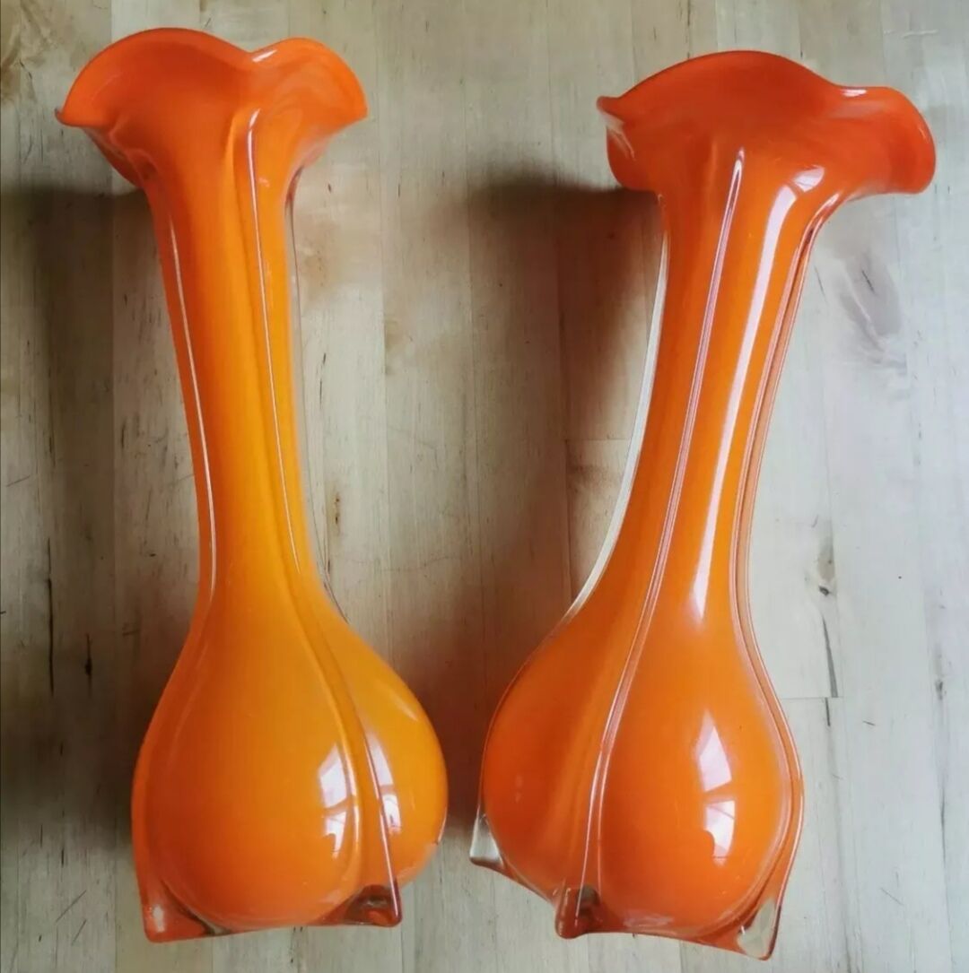 Pair of orange blown glass vases
