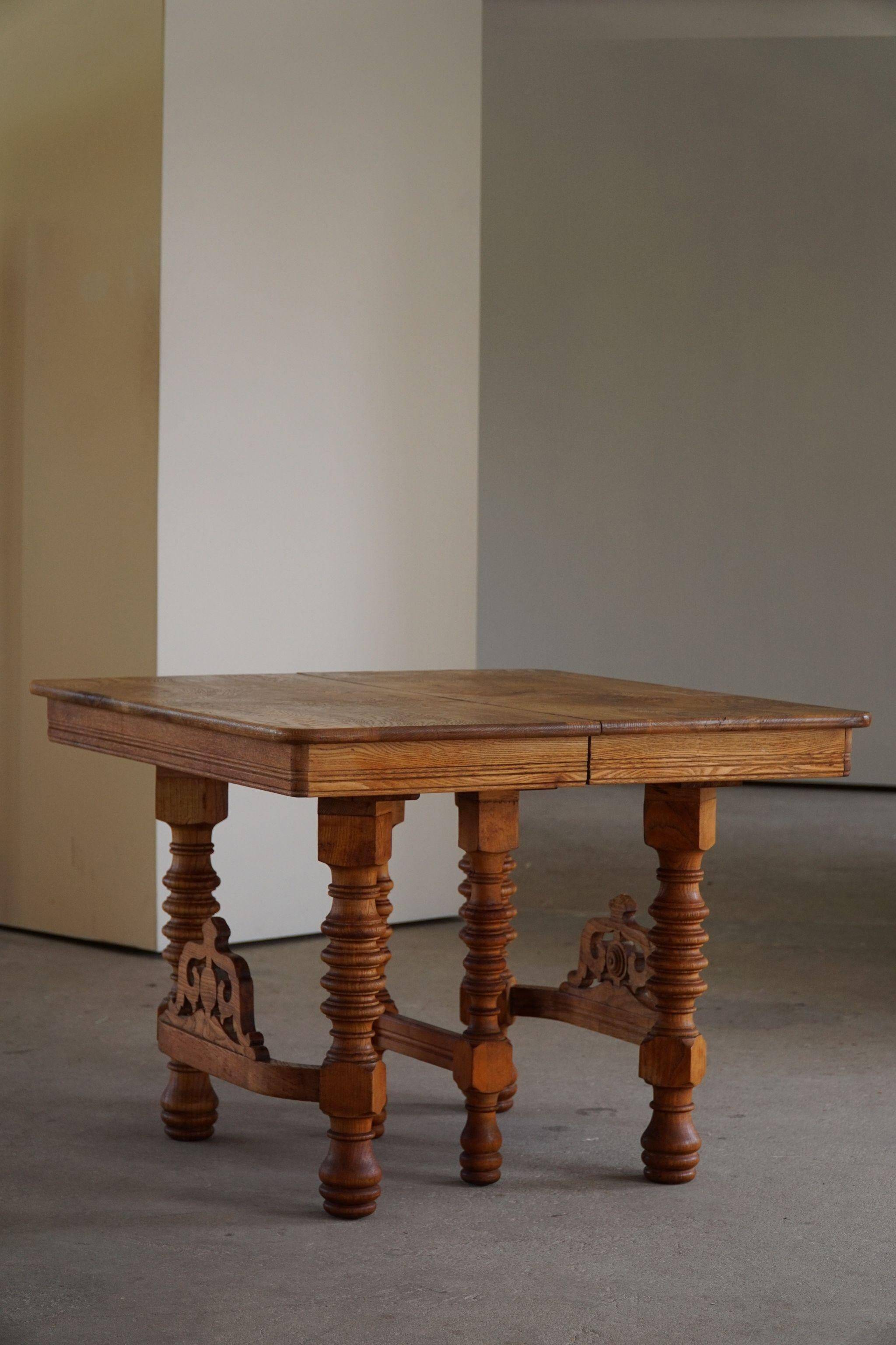 Square dining room/office table from the 19th century, baroque, Danish cabinetmaker.
