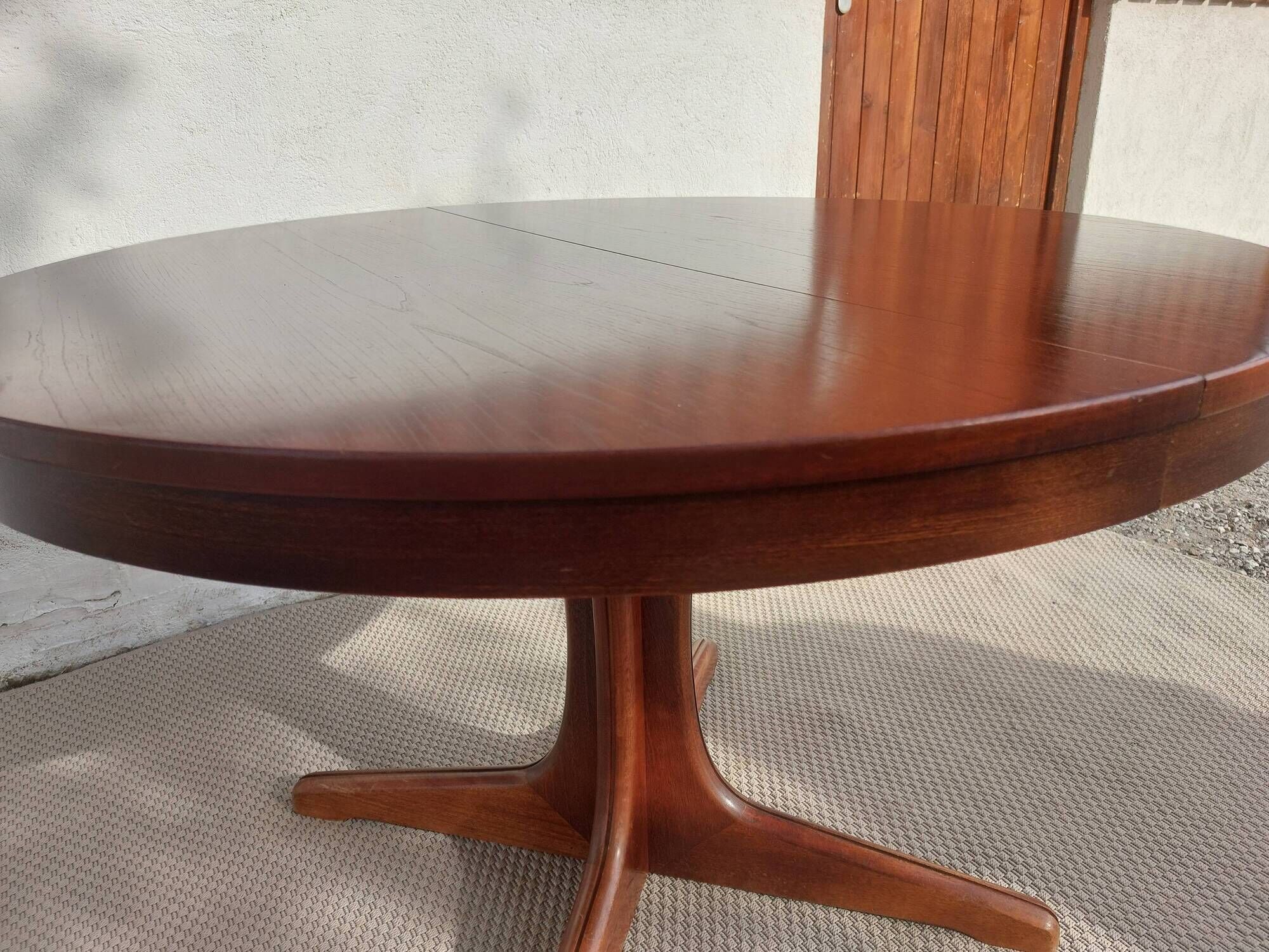 round/oval table with extension, central leg, dark shade, Baumann design