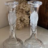 Pair of candlesticks, dove decor, in glass