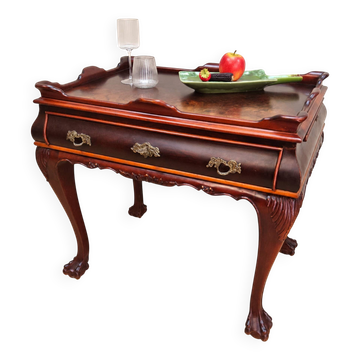 Antique walnut side table / tea table with drawer, shelves