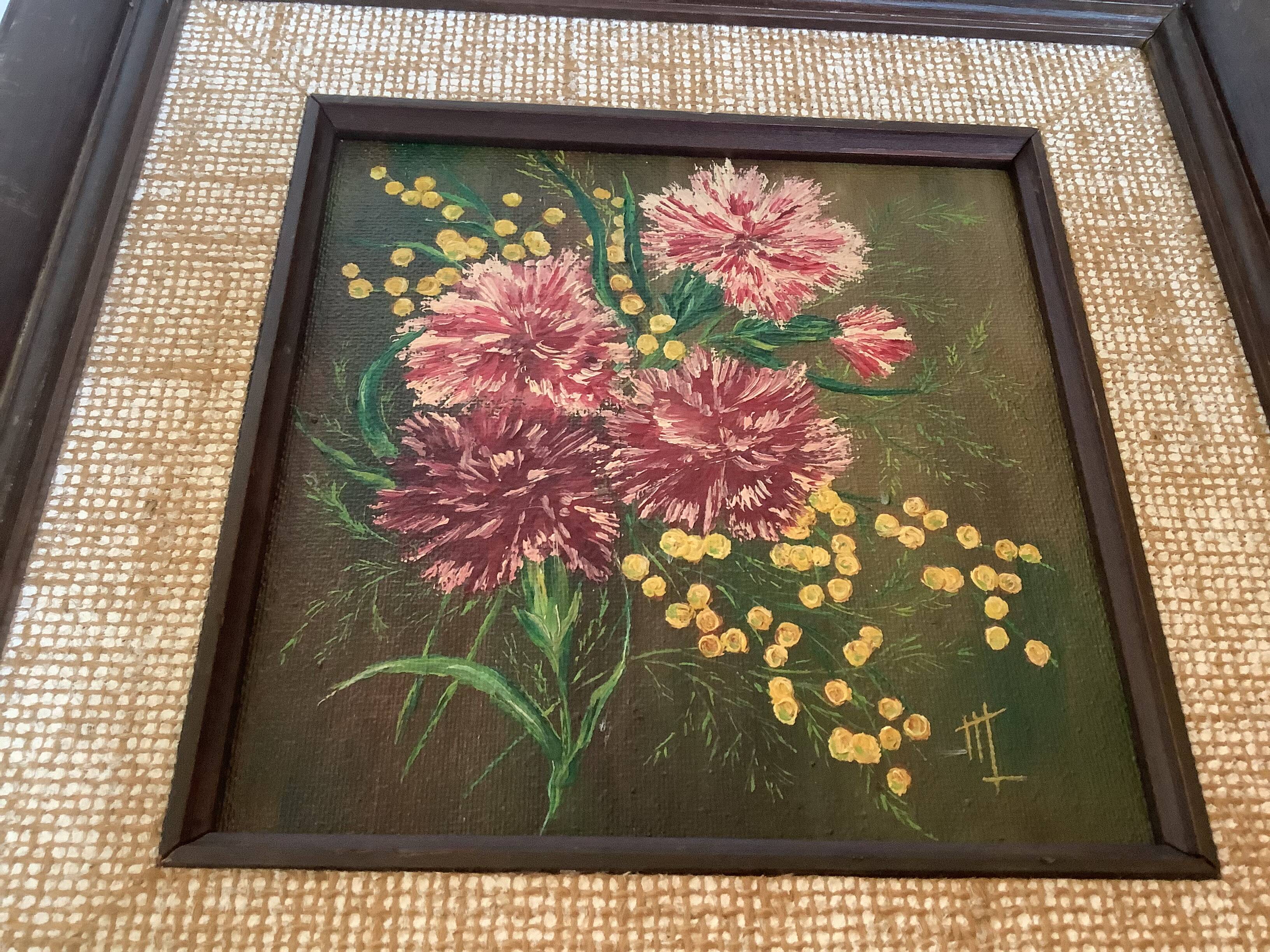 Tableau bouquet de fleurs huile sur carton signée