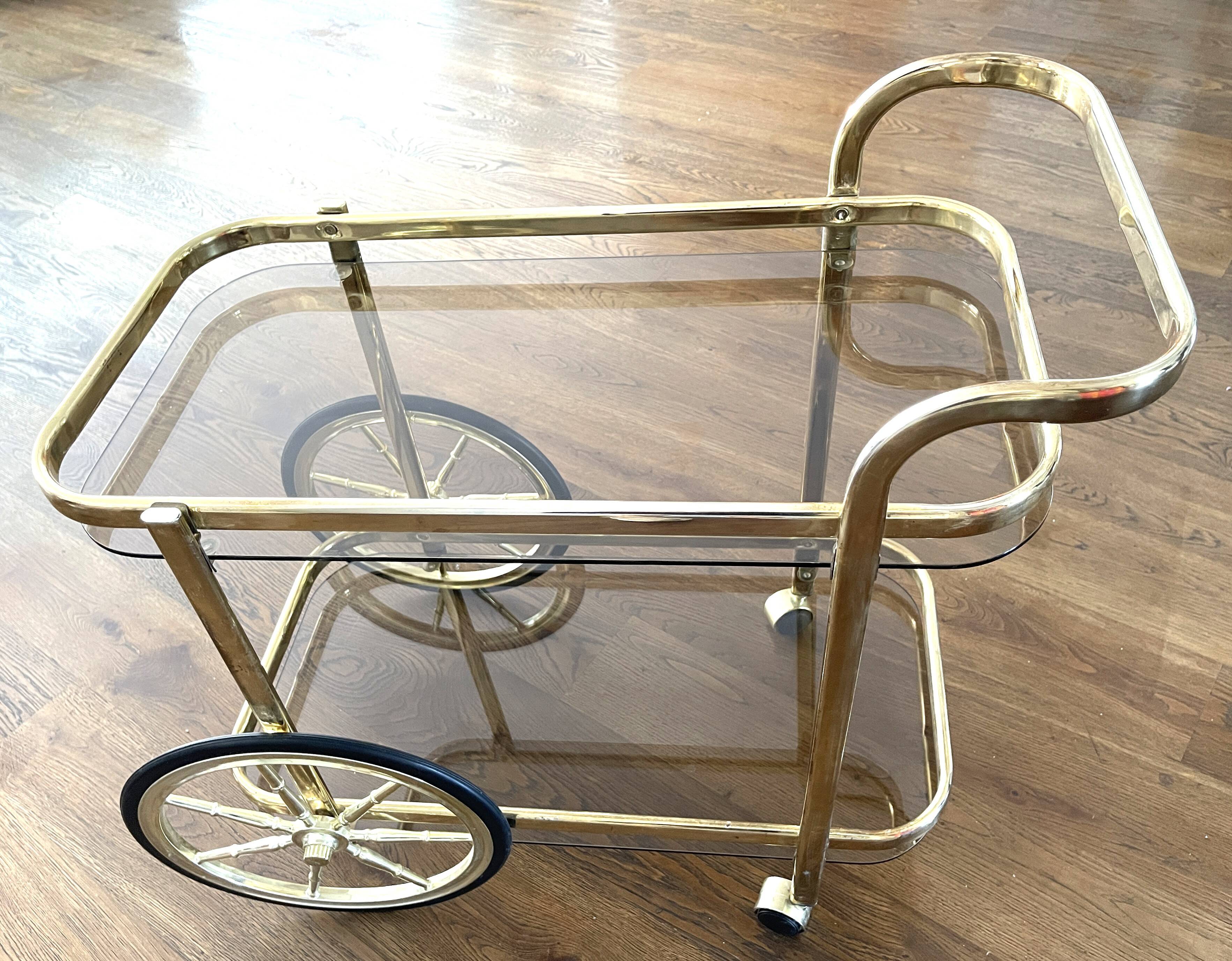 Brass and smoked glass bar trolley, 2 trays