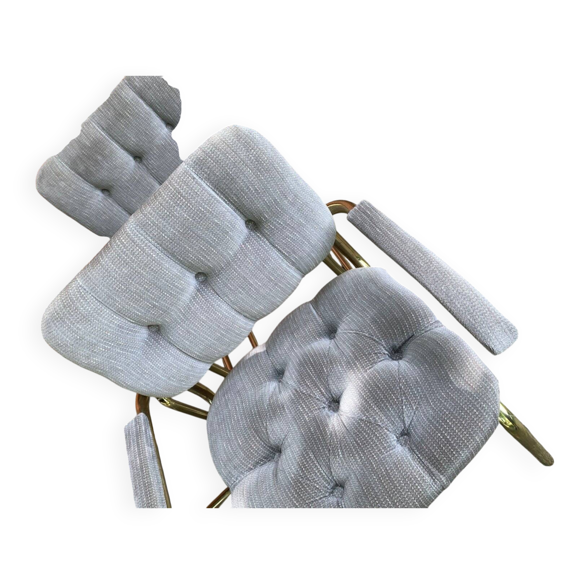 Set of 4 vintage 1970s dining chairs in gold brass and grey fabric.