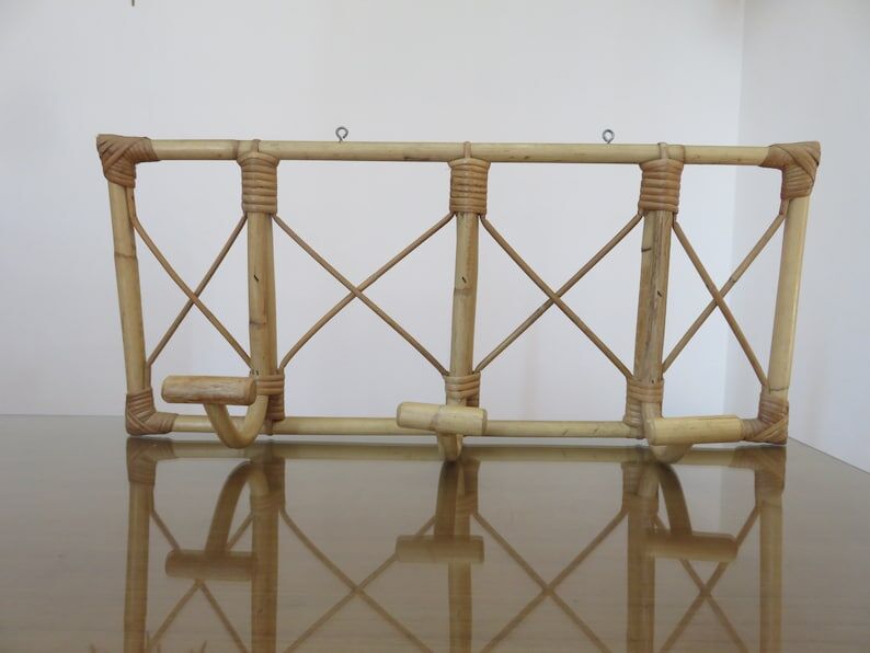 Bamboo rattan coat rack, 3 hooks 70s