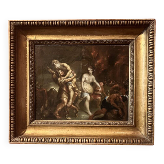 Flemish Artist, Aeneas Fleeing the Burning of Troy, 17th Century, Oil on Canvas, Framed