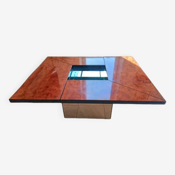 Lacquered burl wood coffee table with sliding top, Paul Michel France, circa 1970
