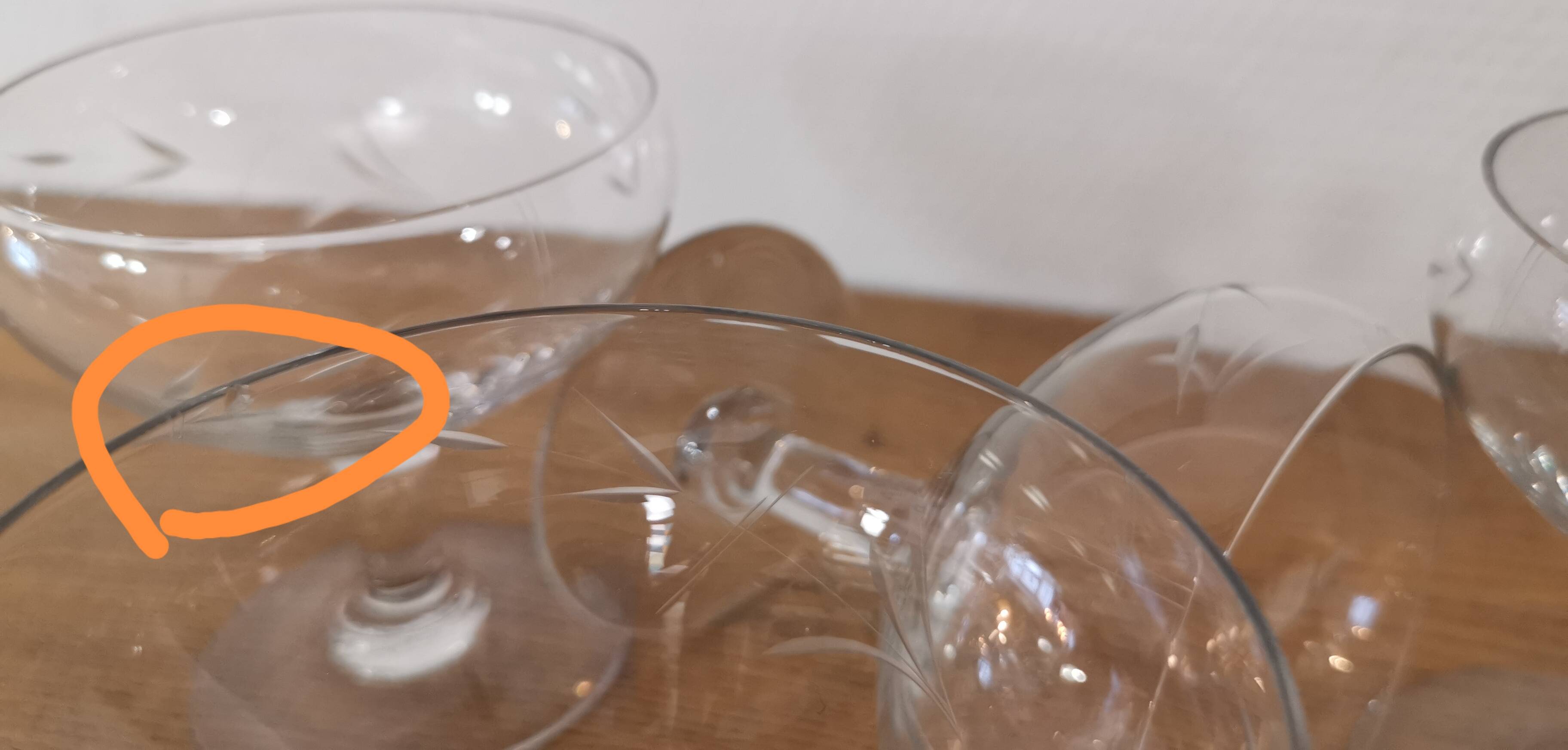 Set of 7 vintage engraved champagne glasses